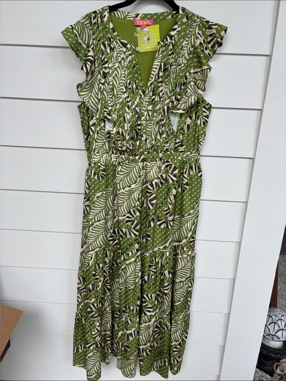 THML Olive Leaf Pattern Ruffle Midi Dress